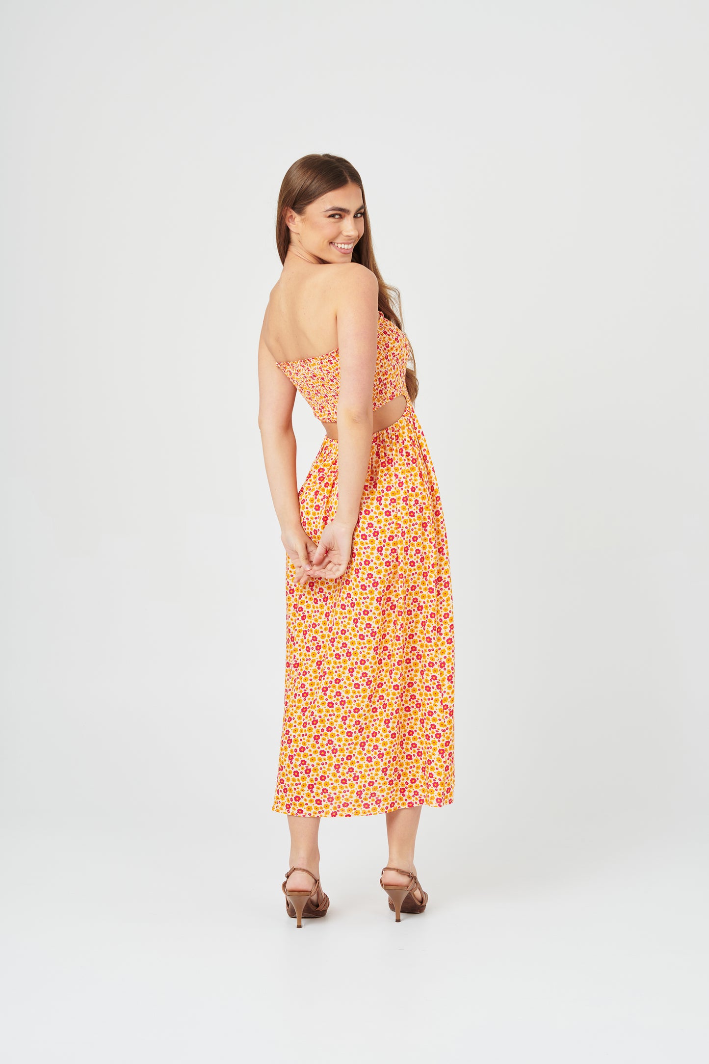 Honey floral shirred cutout midi dress