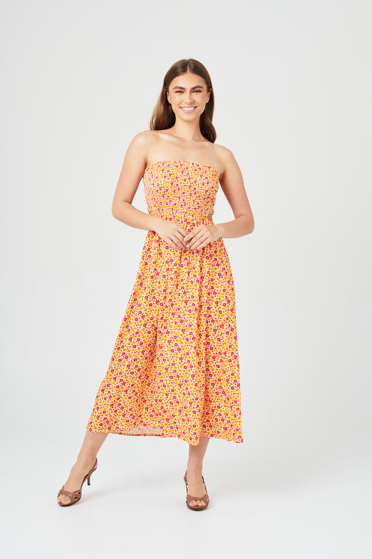 Honey floral shirred cutout midi dress